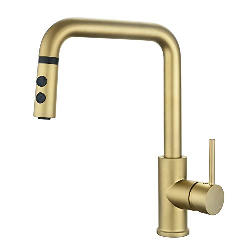 Champagne Gold Pull Out Kitchen Sink Faucet Matte Brushed Bright Gold Single Handle with Pull
