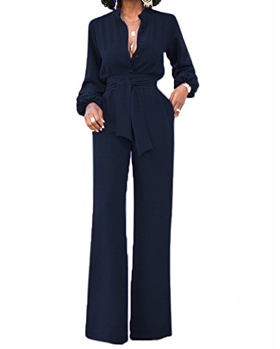 OLUOLIN Jumpsuits for Women Elegant Sexy V-Neck Long Sleeve Rompers Wide Leg with Belt Pockets