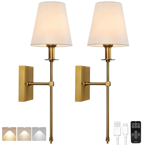 Photo 1 of YESIE Battery Operated Wall Sconce Set of Two,Remote Control,Soft Warm 2700K-6000K,No Flicker,50W Equivalent Lamp,450Lumens,Detachable Charging,Picture Light,Dimmable,White Shade,Non Hardwired(Gold)