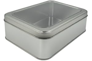 hadaaya Silver Rectangular Tin Container With Clear Lid, Single Piece Multipurpose Tin, Christmas Gifting Tin Box for Gift Giving, Cookies, Stationery & More - 7.25 x 5.25 x 2.25 Inches