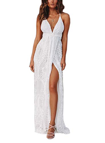 NEWCOSPLAY Women Strap Floral Print Lace up Backless V-Neck Embroidery Evening Maxi Dress NC56-white-S