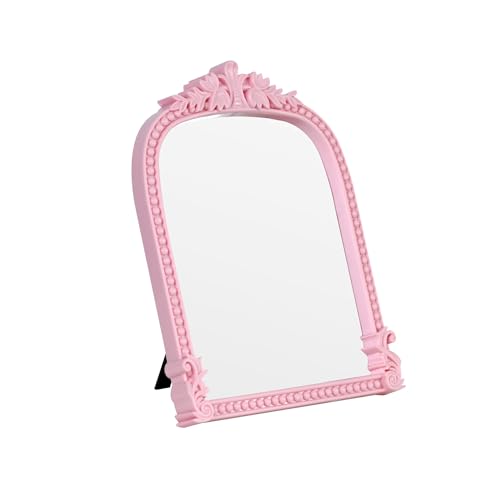LuHeToz Pink Plastic Arched Makeup Mirror, Standing, Hanging or Wall Mount, Bathroom, Living Room, Bedroom White and Decorative Mirror (Pink-10.6 x 8.6 inch)