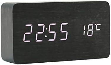 ThreeH Desk Wooden Alarm Clock Digital 3 Set of Alarm and Voice Control,Large Display Time Temperature,Date,USB or Battery Powered for Home,Kids,Bedroom,Office AC11 Black_White