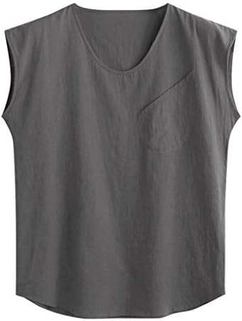 NIUQI Men's Baggy Cotton Linen Solid Pocket Sleeveless O-Neck Vest Tank Tops Blouses