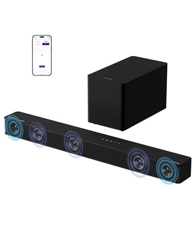 5.1ch Barra de Sonido TV con Dolby Atmos, Sistema de Sonido Envolvente para Home Cinema, Barra de Sonido con Subwoofer para TV, 340W, Bajos Ajustables, App, Bluetooth 5.4, Poseidon M60 Boom