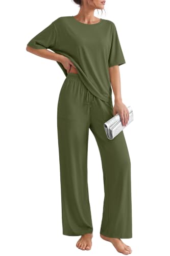 Ekouaer Pajama Sets for Women 2 Piece Short Sleeve Top Straight Pants Pjs at Amazon