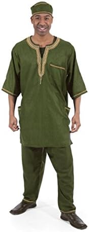 African Men's Pant Suit and Kufi Hat, One Size (Olive)