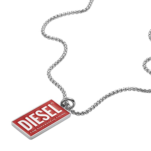 Diesel All-Gender Stainless Steel Dog Tag Pendant Necklace, Color: Silver/Red (…