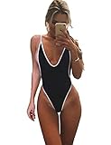 Beautysail Women Deep Plunge One Piece Swimsuit Lace-up Back Monokini Bathing Suit Black