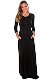 Women's Solid Long Maxi Casual Dress O Neck 3/4 Sleeve with Pockets Basic Summer Dresses Beach Cover Up (L, Black)