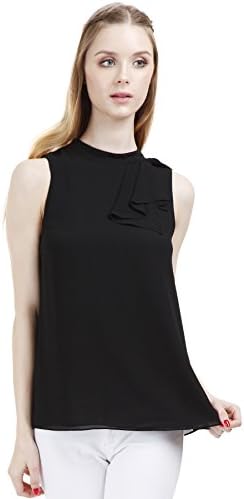NAKED ZEBRA WOMEN'S SLEEVELESS TOP WITH MANDARIN COLLAR AND SIDE RUFFLE_BLACK_SMALL