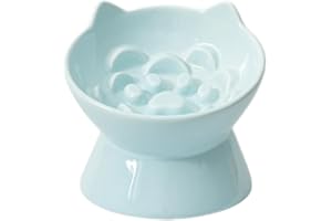 LE SERVETA Macarons Series Ceramic Slow Feeder Cat Bowl, Raised Puzzle Feeder, Anti Vomiting Cat Slow Feeding, Elevated Food Bowl, Whisker Friendly Pet Bowl with Cute Ear Design (Blue)