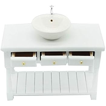1:12 Round Dollhouse Bathroom Sink with Washing Table Miniature Ceramic Bathroom Table Sink Model Simulation Accessory for Dollhouse White