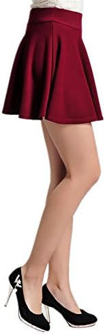 ViviClo Women’s High Waist Solid Versatile Stretchy Pleated Flared Skater skirt with safety shorts (Wine red)