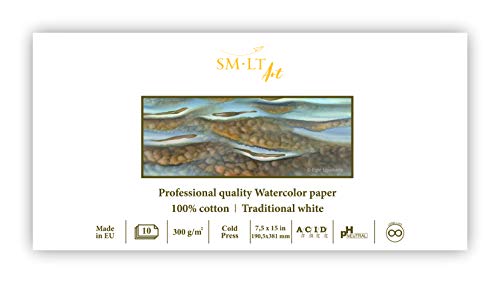 SMLT AS-10(300) PAN/PRO Line Panorama Watercolour Pad Professional 300gsm Traditional White 100% Cotton Paper 10 Sheets
