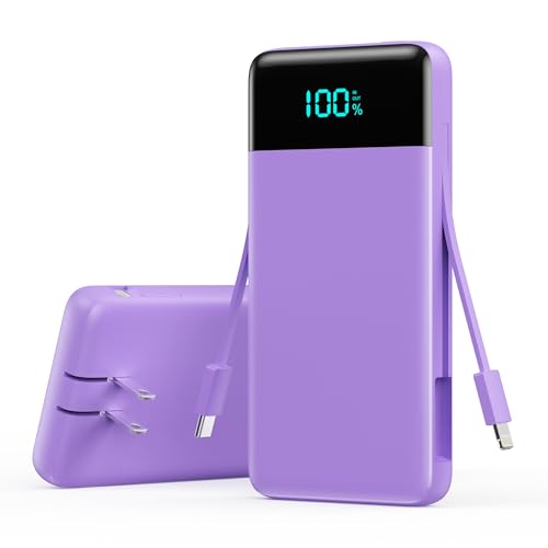 FOCHEW Portable Charger 13800mAh for iPhone with 2 Built-in Cable and AC Wall Plug, 5-in-1 USB C Power Bank,QC4.0 LED Display Battery Pack for iPhone 16/15/14/13/12,Android Phone -Purple