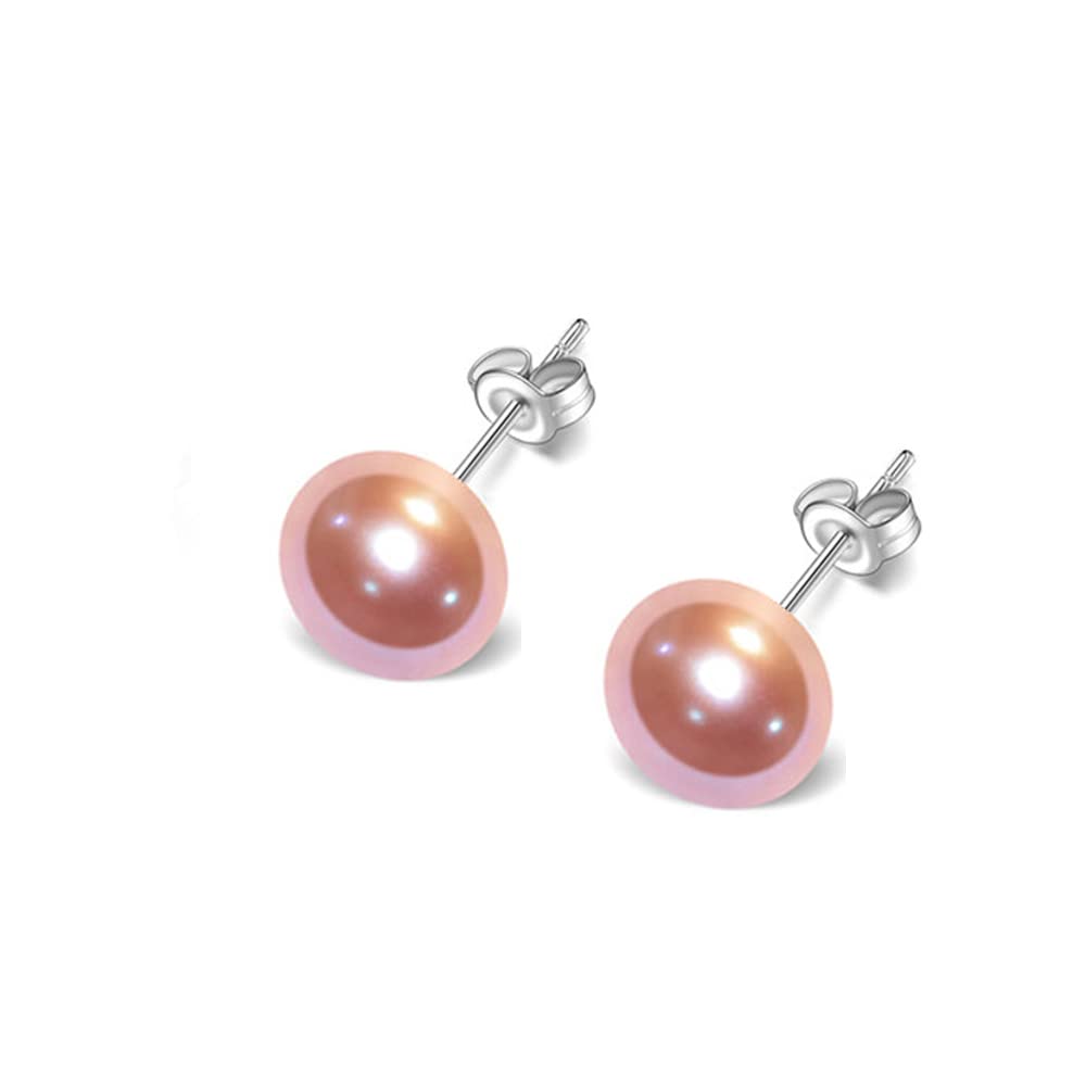 TreasureBay Women's Large Pearl Stud Earrings 8-9mm Freshwater Pearl Stud Earrings With 925 Silver (purple)