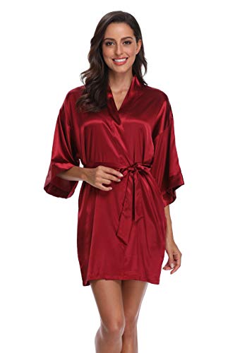 Women's Silky Bride Bridesmaid Kimono Robes Short Wedding Party Getting Ready Robe Dressing Gown with Gold Glitter, Bridesmaid Wine L - Thumbnail 4
