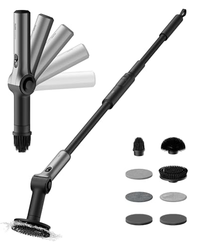 HOTO Flexi™ Cordless Electric Spin Scrubber, Adjustable Angle, Extendable Handle, Smart Display, IPX7 Waterproof, Powerful Cleaning Scrubber with 8 Replaceable Brush Heads, for Bathtub, Bathroom, Tile
