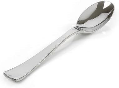 Pack of 6 Heavy Duty Hard Plastic Serving Spoons - Silver Polished - 9 inch (23cm) - Disposable/Reusable