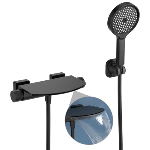 HOMELODY Black Bath Mixer Tap with Hand Shower, Waterfall Bath Tap, Brass Mixer Tap, Wall Fitting for Bathtub, Wall Mounted with Large Platform