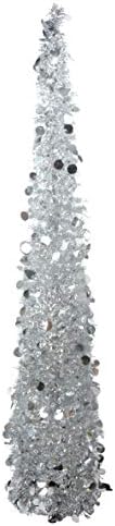 Pop Up Lighted Tinsel Tree - Silver with Lights, Christmas Pull Up Tree 5 Feet High - Battery Operated with Timer