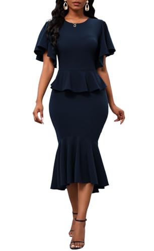 Photo 1 of Womens Short Sleeve Ruffle Tuxedo Style Classy Bodycon Evening Gowns Gala High Low Midi Dress(DarkBlue Small)