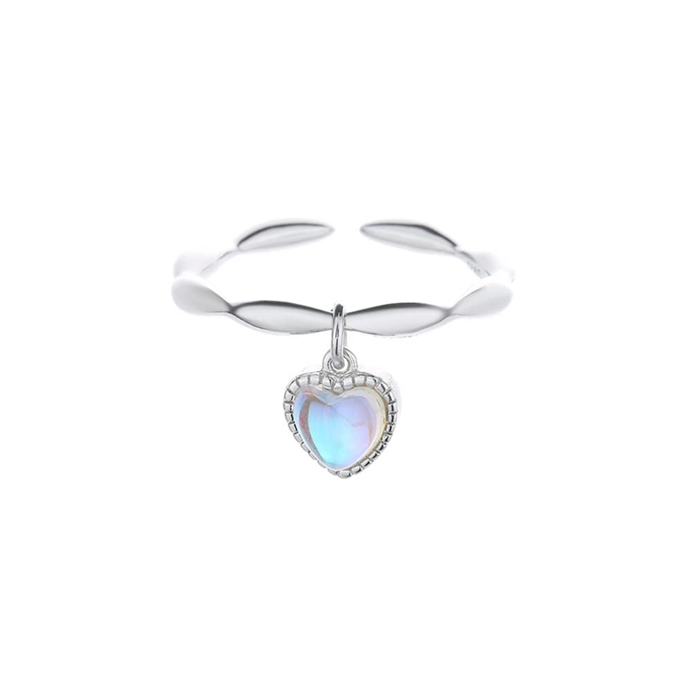 Moonstone Heart Shaped Rings Love Dangle Drop Open Statement Sterling Silver Plated Minimalist Wedding Engagement Stacking Adjustable Finger Band Fashion Cute Jewelry Gift for Women Girls Daughter