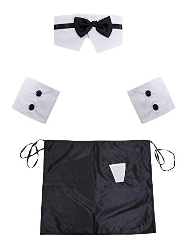 [- 365-Shopping Men's 4PCS Naughty Butler Waiter Costume Bow Tie Collar Cuffs with Apron Bodysuit L