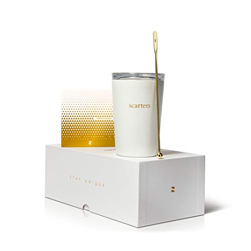 Scarters 12 oz/360 ml Premium Hot/Cold Tea-Coffee Mug/Sipper-Coaster-Stirrer Set - Insulated, Stainless Steel ~ AM | PM