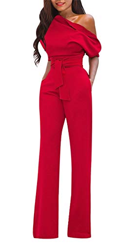 VLUNT Womens Elegant Solid Off Shoulder High Waisted Jumpsuit Romper with Belt for Party Club