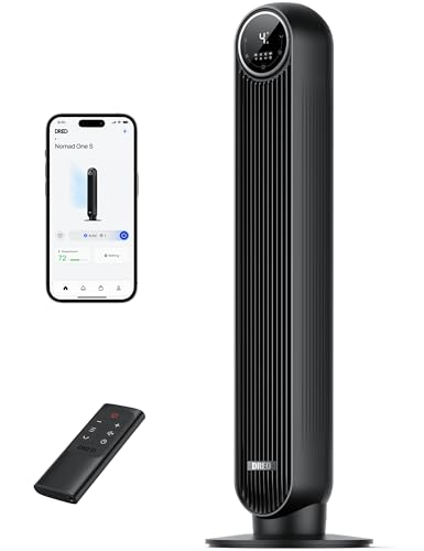 Dreo Quiet Standing Fan, Tower Fan with 25 ft/s Speed, 4 Speeds, 90° Rotation, 8 Hours Timer, LED Display and Remote Control Included. Black.Alexa