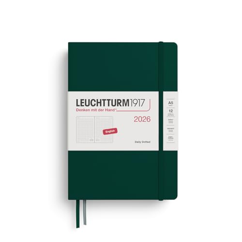 LEUCHTTURM1917 372783 Daily Planner Dotted Medium (A5) 2026, 12 Months, Forest Green, English