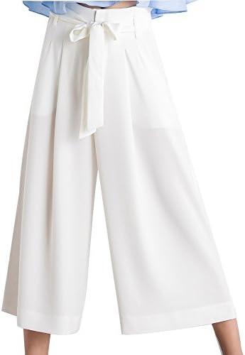 Women's Summer Casual Paper Bag Pants Flowy Wide Leg High Waist Belted Pants Crop Pants