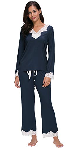 Jusfitsu Womens Cotton Pajamas Set Long Sleeve Top Shirt with Pants Sleepwear Modal Soft Loungewear Lace Navy Blue M