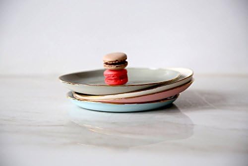 Gray, white, pink and light blue modern porcelain and 14K gold rim small plates set of 4 for a serving of salad, dessert, cheese or fruits by SinD studio