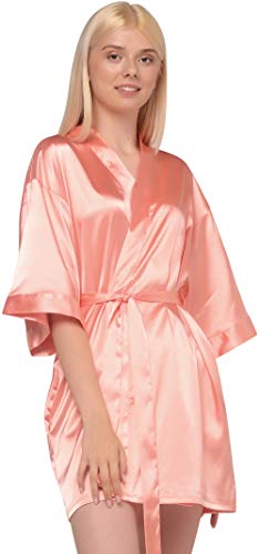 Turquaz Linen Satin Kimono Bridesmaids Robe (Small/Medium, White Peach)