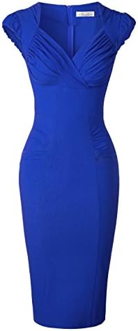 Newdow Lady's 50s Vintage V-Neck Capsleeve Pencil Dress (Large, Sapphire)