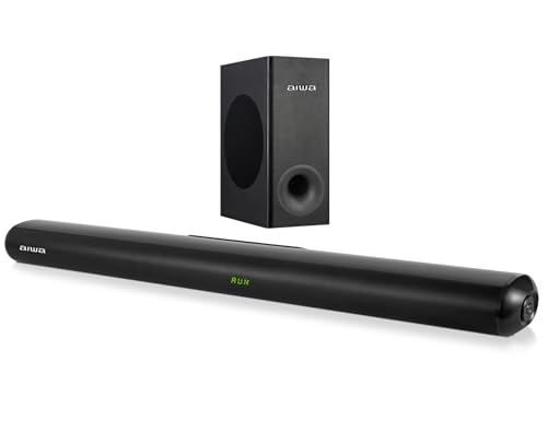 Barra de Soundbar AIWA AWSBH21W-W 2.1 Canales con Subwoofer, 120W RMS de Potencia, Bluetooth, HDMI ARC, Óptica y USB, Sistema de Sonido para Teatro en Casa y Gaming, Color Negro