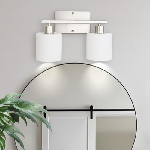 SILAMPDI Bathroom Light Fixtures Silvery, Vanity Lights for Bathroom 2-Light, Wall Sconces Lamp for Bedroom, Hallway, Milky White Glass Shades, E26 Base 60W MAX, Bulbs Not Included