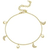 Dainty Star and Moon Anklet 925 Sterling Silver CZ Crystal Adjustable Dangle Charm Beach Foot Anklets Bracelet Summer Foot Jewelry for Women