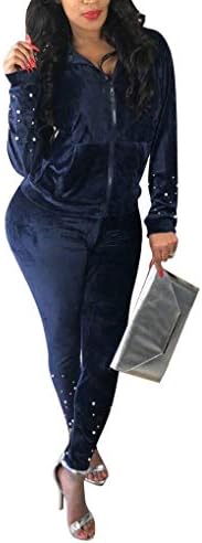 Velvet Beaded Two Piece Tracksuit - Women Pullover Hoodies Sweatpants Sports Solid Color Jumpsuit Romper Set