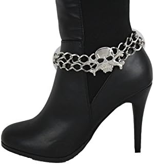 Trendy Fashion Jewelry TFJ Women Western Boot Chain Metal Bling Bracelet Skeleton Skull Anklet High Heel Shoe Charm Silver