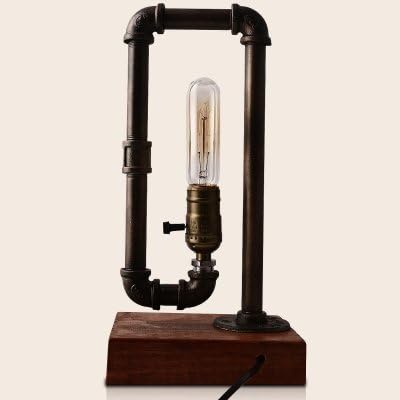 dingming Antique Iron 1 Light Twist Arm Pipe Table Lamp with Wood Accents