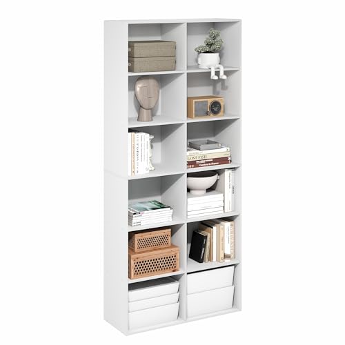 Furinno BASIC Book Shelf, 12-Cube Bookshelf, Bookcase with Open Shelf, Cube Storage Organizer, 12 x 32 x 71, for Living Room, Home Office, White