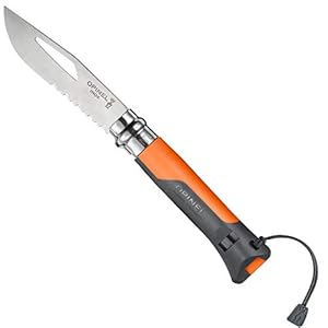 Opinel-Messer 1577 Nr. 8 Outdoor, Stahl Sandvik 12C27, rostfrei, Teilsägezahnung, Griff orange, Signalpfeife, Schäkellöser