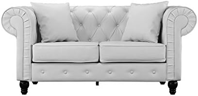 Sofamania Classic Scroll Arm Tufted Bonded Leather Chesterfield 2 Seater Loveseat (White)