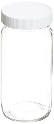 JG Finneran 9-191 Clear Borosilicate Glass Standard Tall Straight Sided Wide Mouth Jar with White Polypropylene Closure and 0.015" PTFE Lined, 58-400mm Cap Size, 250mL Capacity (Pack of 12)