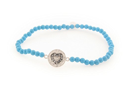 Fronay Collection Elastic Simulated Turquoise Beads Heart Charm Bracelet in Sterling Silver, 3mm Beads
