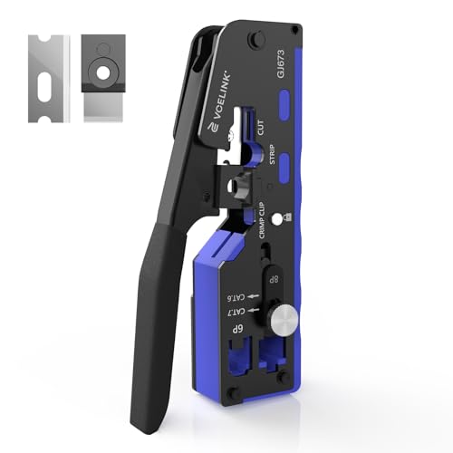 VCELINK RJ45 Crimp Tool with An Adjustable Knob, All-In-One Ethernet Crimper for CAT7/CAT6A/CAT6/CAT5E/CAT5, No Screwdriver Needed for RJ45 and RJ11/RJ12 Crimping-Blue